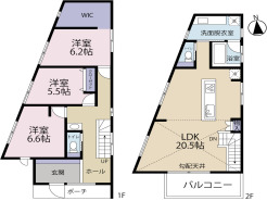 3LDK、土地面積120.27m2、建物面積107.64m2 3LDK＋ウォークインクローゼット
LDK約20.5帖、アイランドキッチン