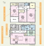 ファミリータイプの３LDK
2階にウォークインクローゼットもついています。
カースペース2台可能
◇耐震性能と制振性能を備えた地震に強い家
◆耐震　＋　制振の家　QUIE（クワイエ）【地震の揺れを吸収する家】