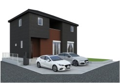 1号棟 完成予想パース。南東道路と南西道路の角地なので、陽当たりと開放感、通風は良好です。