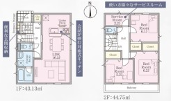 ファミリータイプの３LDK
■耐震 ＋ 制震の家、QUIE（クワイエ）
当社の2階建分譲住宅は、建築基準法で定められた壁量の1.5倍に達する十分な性能を誇っています。さらにその耐久性を上げるために、共同開発による制震装置(SAFE365)を完成。